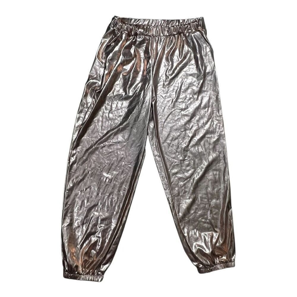 Pumpkino Rose Gold Metallic Track Pants Size L Stretch Pockets Elastic-Waistband
